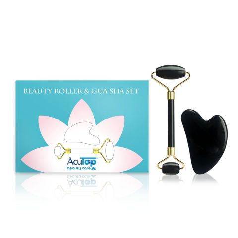 AcuTop Zwarte Obsidiaan roller & Gua Sha massage set