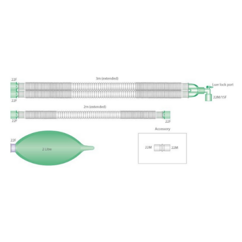 22mm Compact uitrekbaar beademingssysteem, 3.0m met 2.0m extra slang en 2.0L ballon