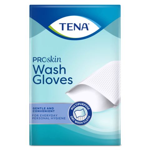 TENA ProSkin Wash Gloves zijn droge wegwerpwashandjes die geschikt zijn voor de dagelijkse verzorging van het lichaam.